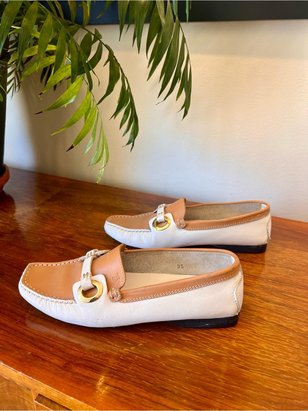 TOD'S Driver Loafers in White and Camel Leather